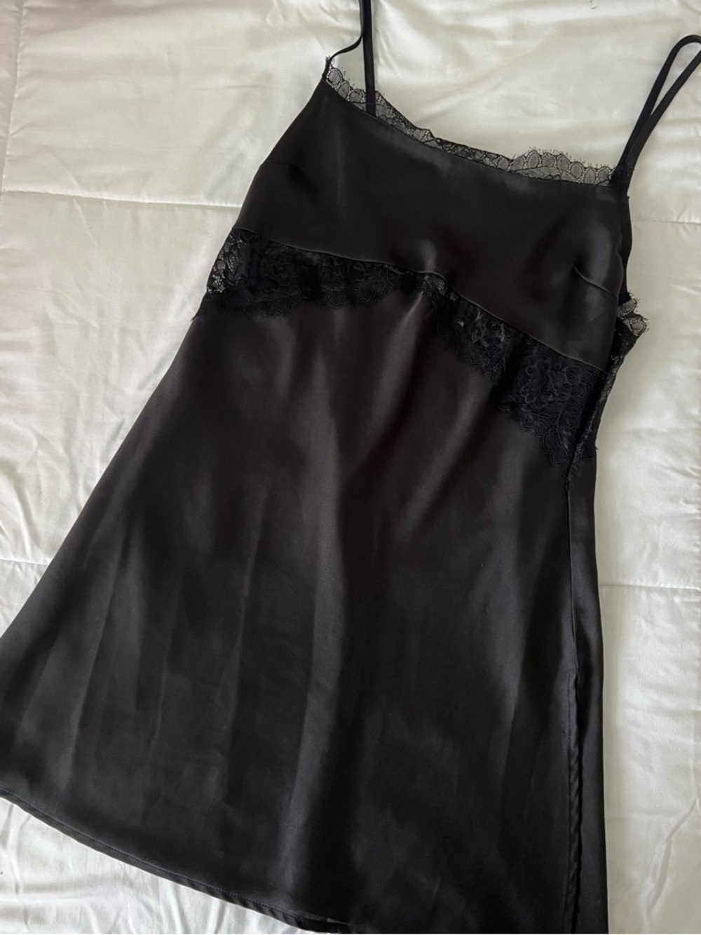 Forever 21 Black Lace-Trim Satin Chemise Slip Dress
